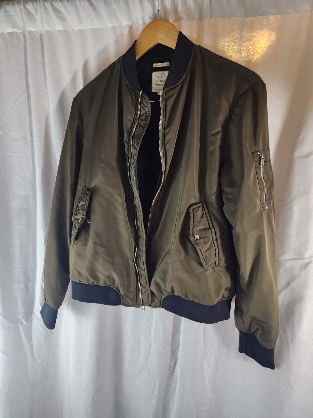 Zara Olive Green Bomber Jacket with Black Trim Medium